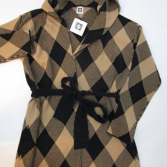 NWT Hooded Wrap Cardigan Sweater Diamond Plaid Check Camel Black - Picture 5 of 11